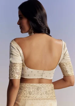 Cream Jacquard Silk Saree With Zari Brocade And Zardosi Embellished Pallu