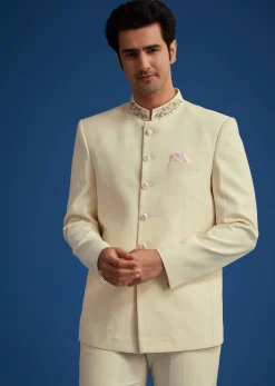 Cream Jodhpuri Suit With Handwork Collar