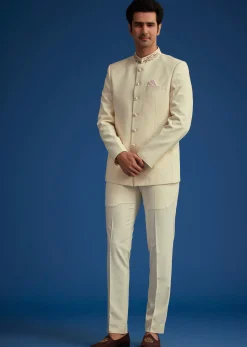 Cream Jodhpuri Suit With Handwork Collar