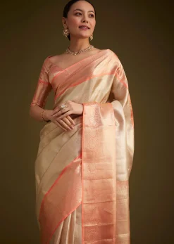 Cream Kanjivaram Silk Saree With Contrast Border And Pallu