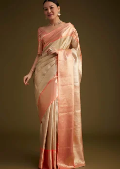 Cream Kanjivaram Silk Saree With Contrast Border And Pallu