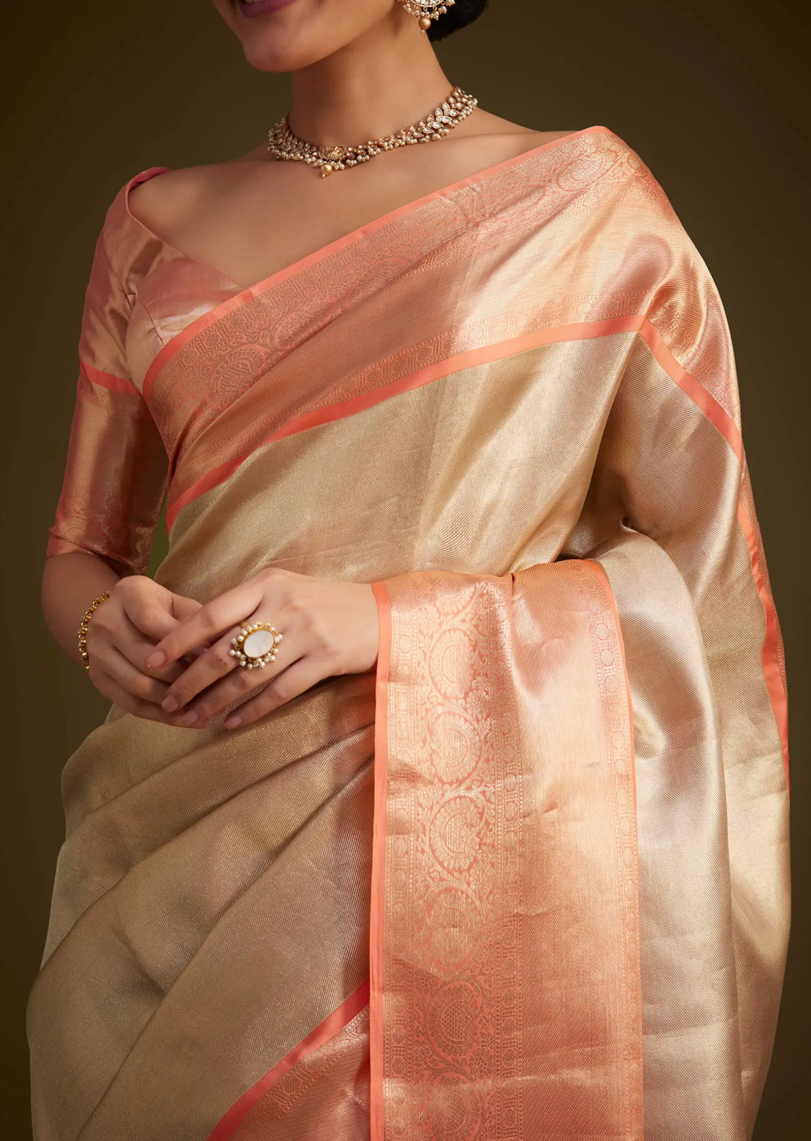Cream Kanjivaram Silk Saree With Contrast Border And Pallu