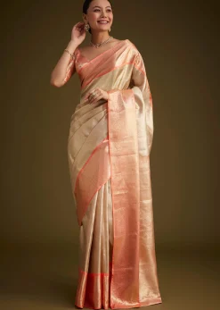Cream Kanjivaram Silk Saree With Contrast Border And Pallu