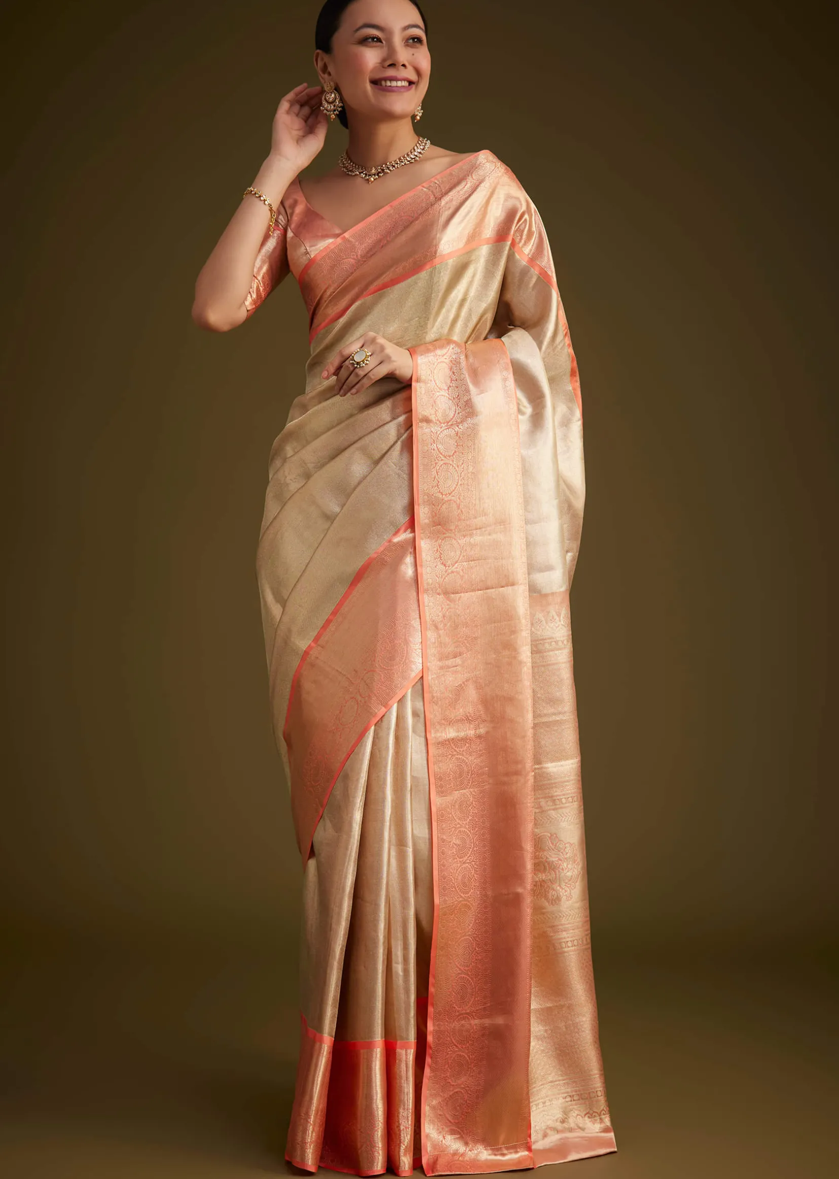 Cream Kanjivaram Silk Saree With Contrast Border And Pallu