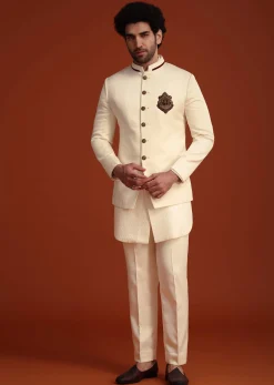Cream Kurta Jodhpuri Set With Velvet Patch Work Broach