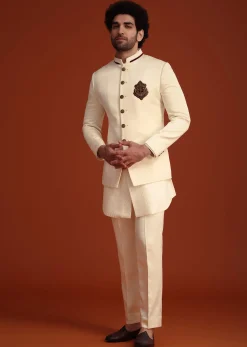 Cream Kurta Jodhpuri Set With Velvet Patch Work Broach