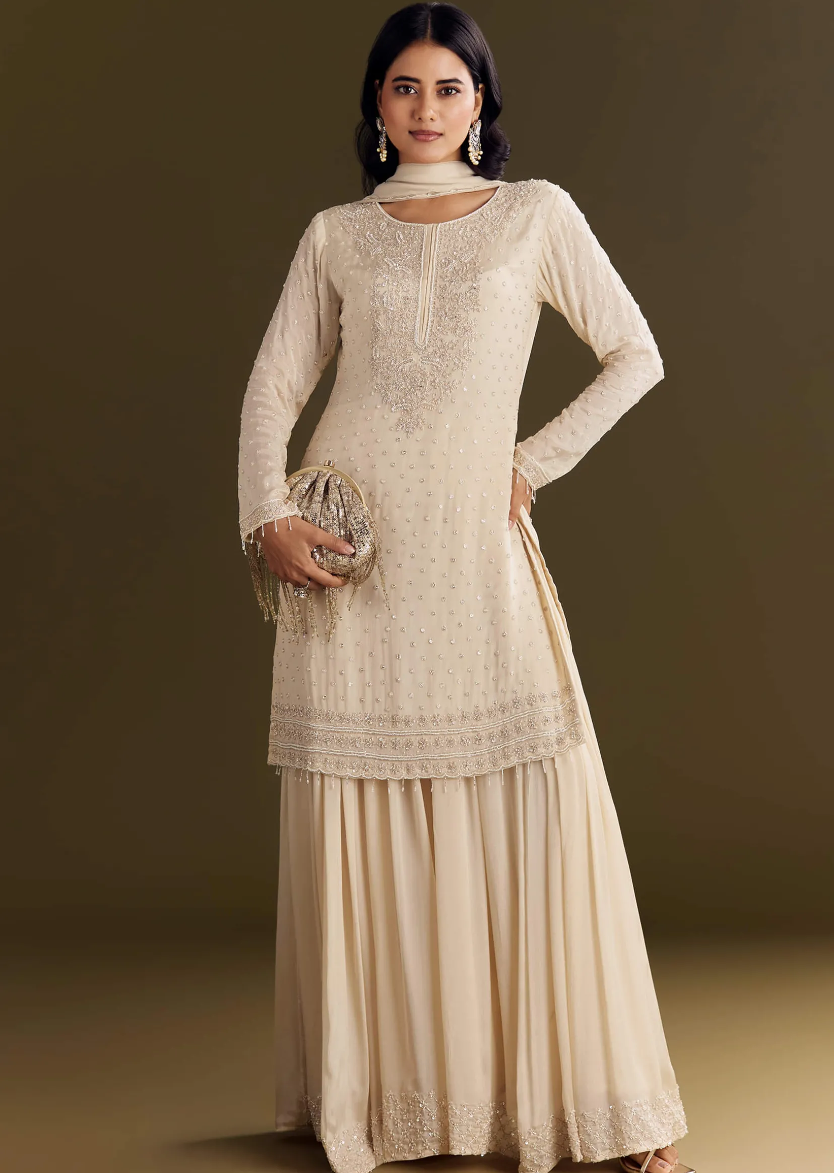 Cream Kurta Palazzo Set With Cutdana And Sequins Work