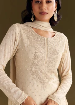 Cream Kurta Palazzo Set With Cutdana And Sequins Work