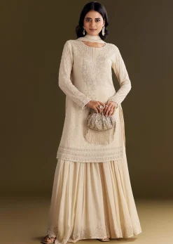 Cream Kurta Palazzo Set With Cutdana And Sequins Work