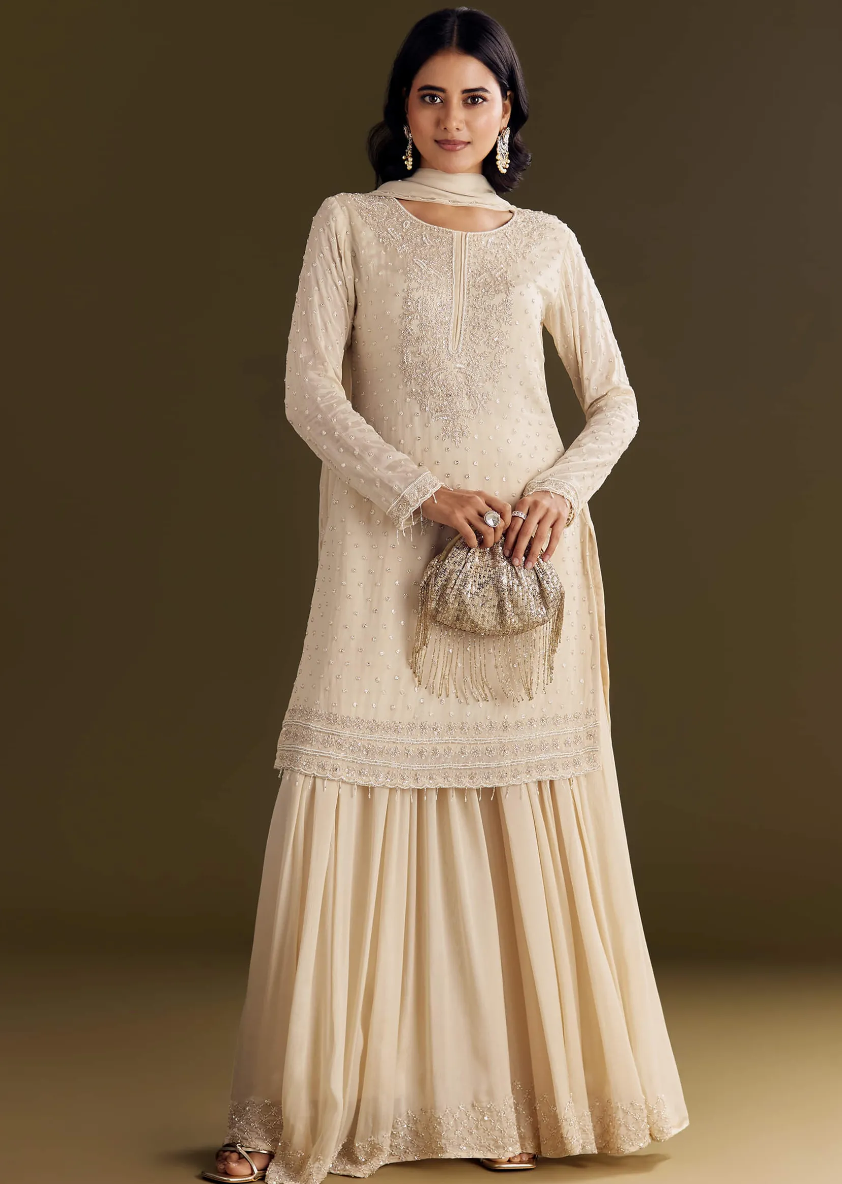 Cream Kurta Palazzo Set With Cutdana And Sequins Work