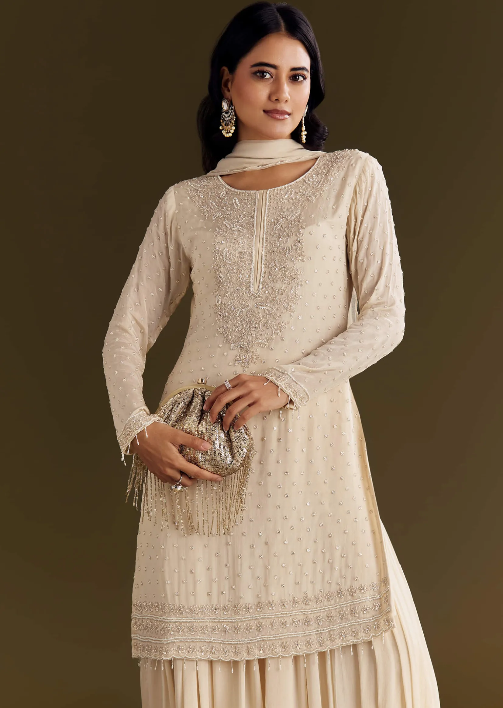 Cream Kurta Palazzo Set With Cutdana And Sequins Work
