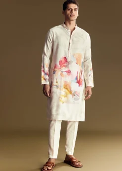 Cream Linen Kurta Set With Abstract Artistic Print