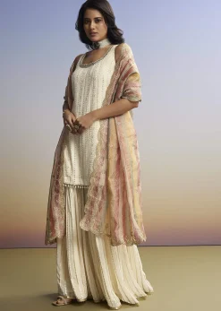 Cream Lucknowi Sharara Set With Tissue Dupatta
