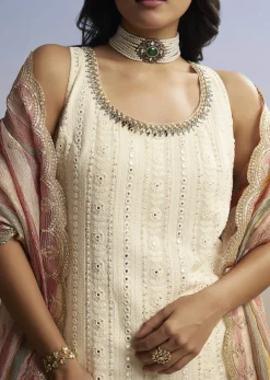 Cream Lucknowi Sharara Set With Tissue Dupatta