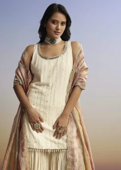 Cream Lucknowi Sharara Set With Tissue Dupatta