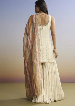Cream Lucknowi Sharara Set With Tissue Dupatta