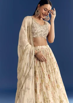 Cream Organza Lehenga Set With Zardosi Choli And Sequins Dupatta