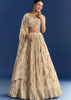 Cream Organza Lehenga Set With Zardosi Choli And Sequins Dupatta