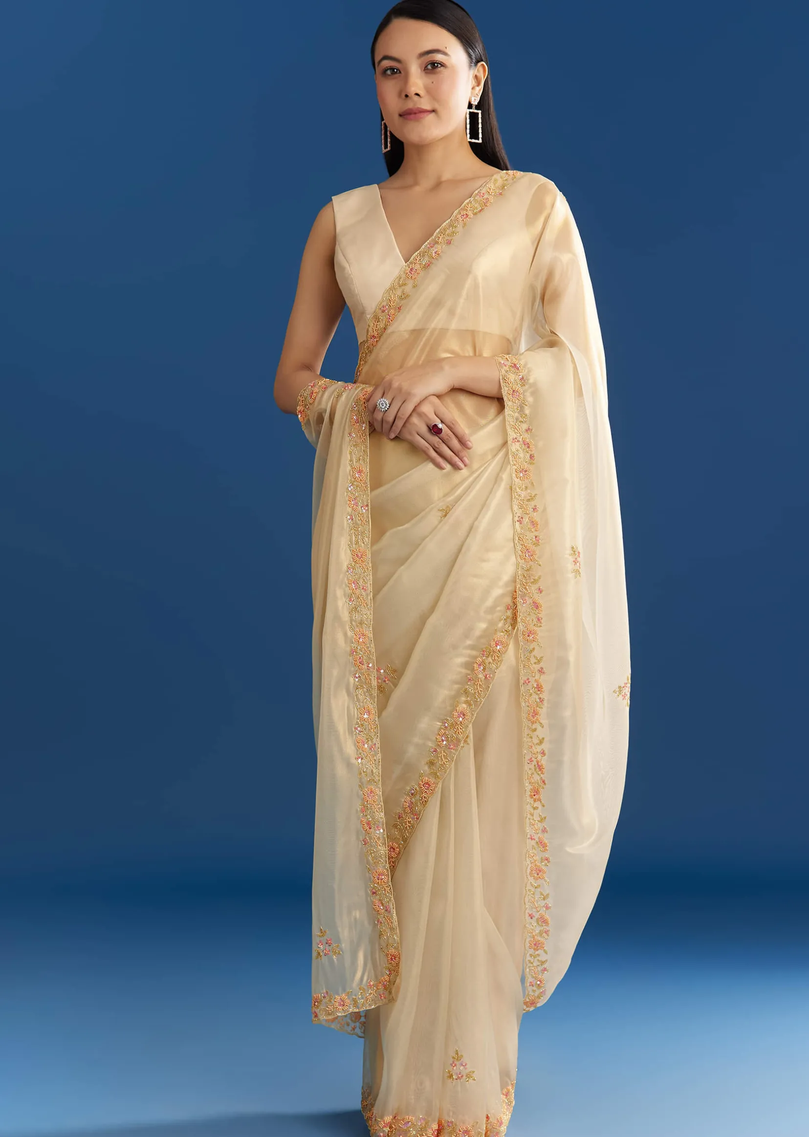 Cream Organza Tissue Saree With Subtle Beaded Border