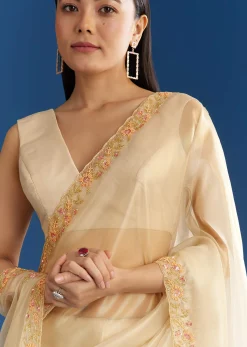 Cream Organza Tissue Saree With Subtle Beaded Border