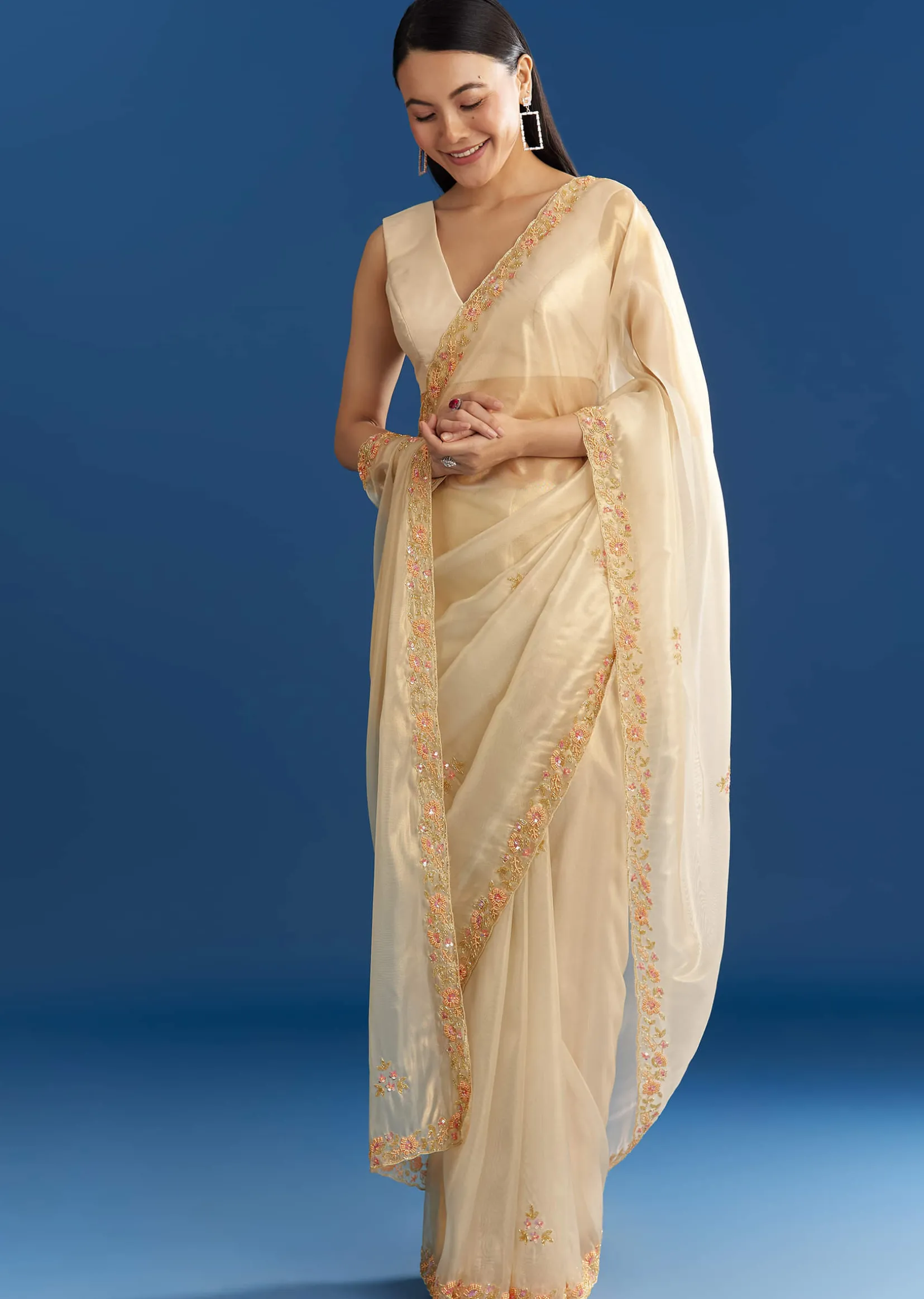 Cream Organza Tissue Saree With Subtle Beaded Border