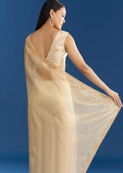 Cream Organza Tissue Saree With Subtle Beaded Border