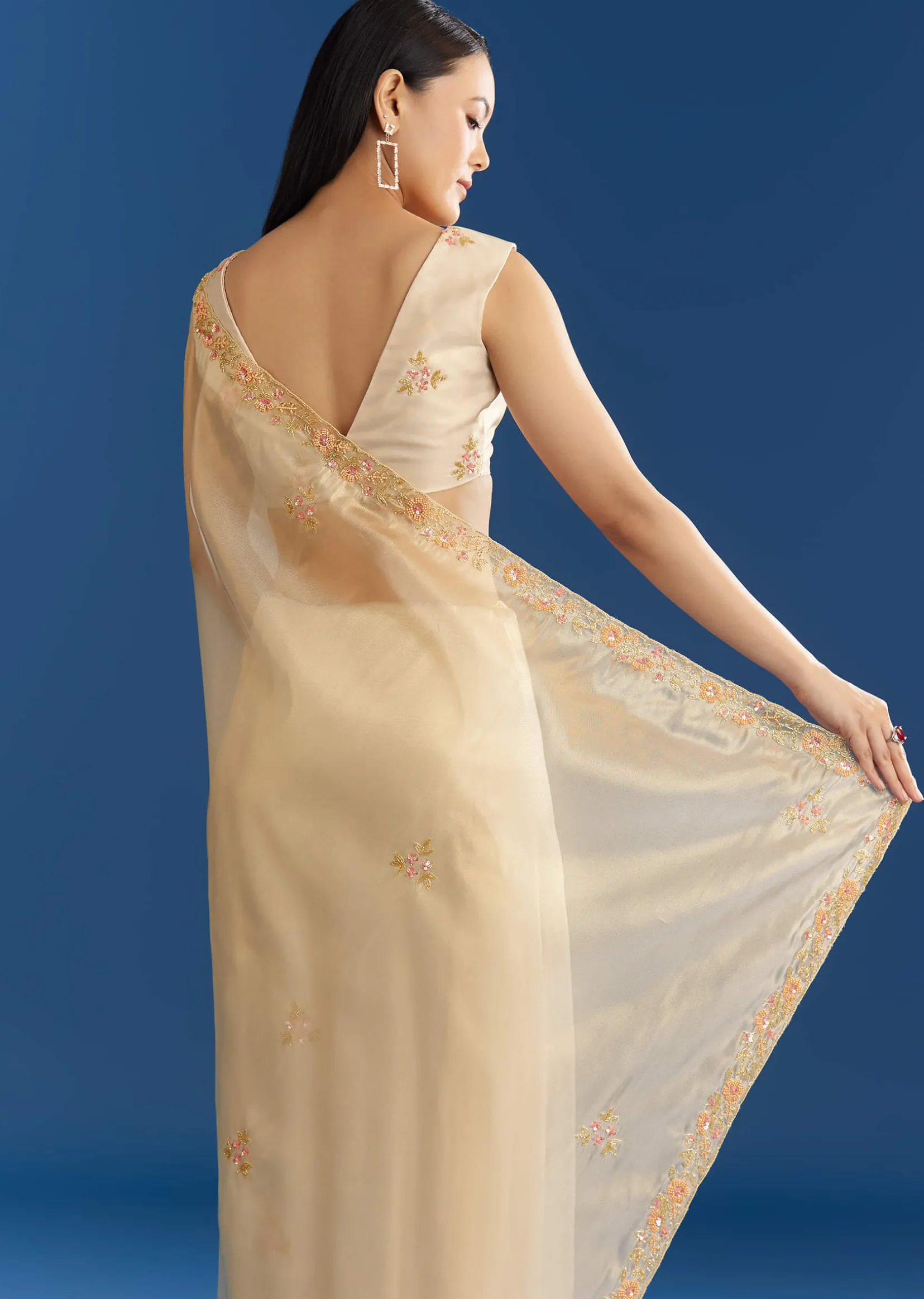 Cream Organza Tissue Saree With Subtle Beaded Border