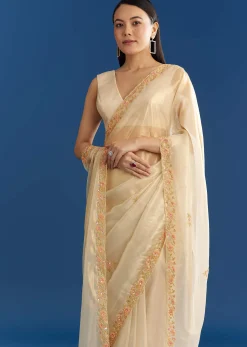 Cream Organza Tissue Saree With Subtle Beaded Border