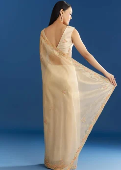 Cream Organza Tissue Saree With Subtle Beaded Border