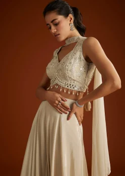 Cream Patch And Mirrorwork Crop Top With Choker Dupatta
