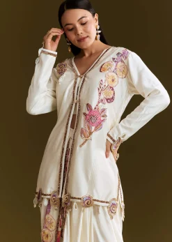 Cream Printed Croptop Set With Gotta Work Jacket And Dhoti Skirt