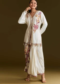Cream Printed Croptop Set With Gotta Work Jacket And Dhoti Skirt
