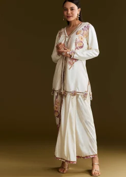 Cream Printed Croptop Set With Gotta Work Jacket And Dhoti Skirt