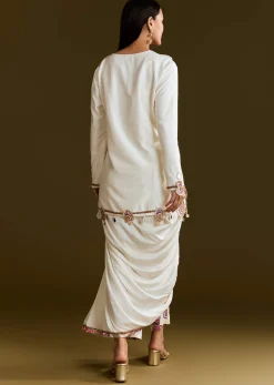 Cream Printed Croptop Set With Gotta Work Jacket And Dhoti Skirt