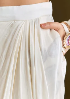 Cream Printed Croptop Set With Gotta Work Jacket And Dhoti Skirt