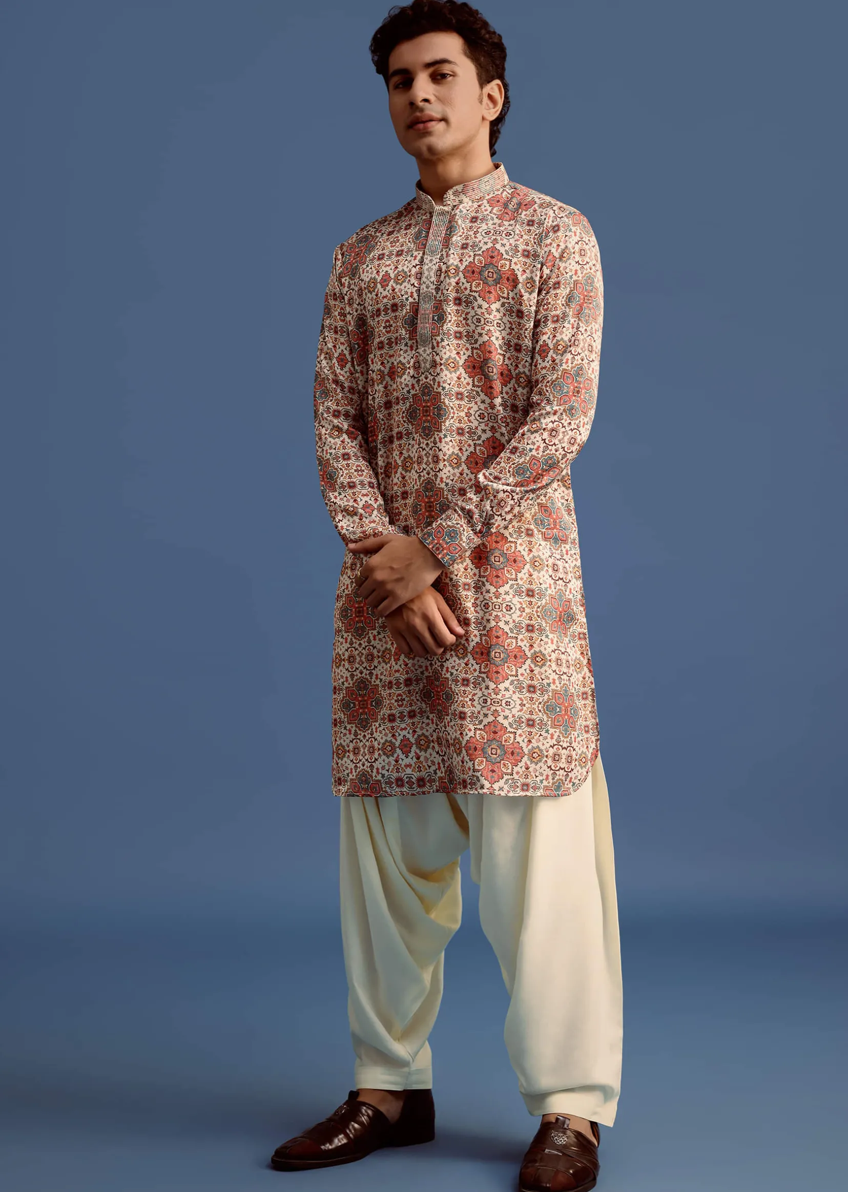 Cream Printed Kurta With Patiala For Men
