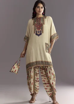 Cream Printed Muslin Kurta And Dhoti