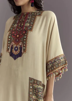 Cream Printed Muslin Kurta And Dhoti