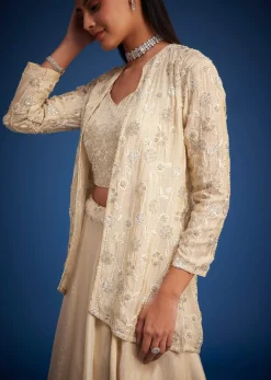 Cream Raw Silk Embroidered Jacket Lehenga Set