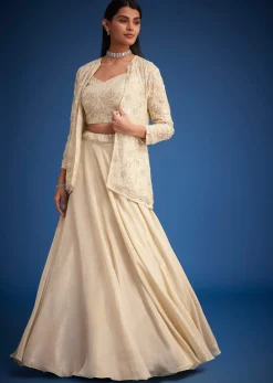 Cream Raw Silk Embroidered Jacket Lehenga Set