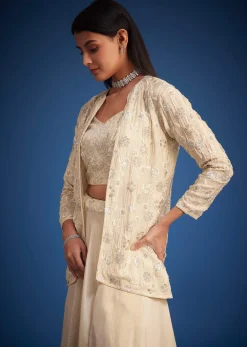 Cream Raw Silk Embroidered Jacket Lehenga Set