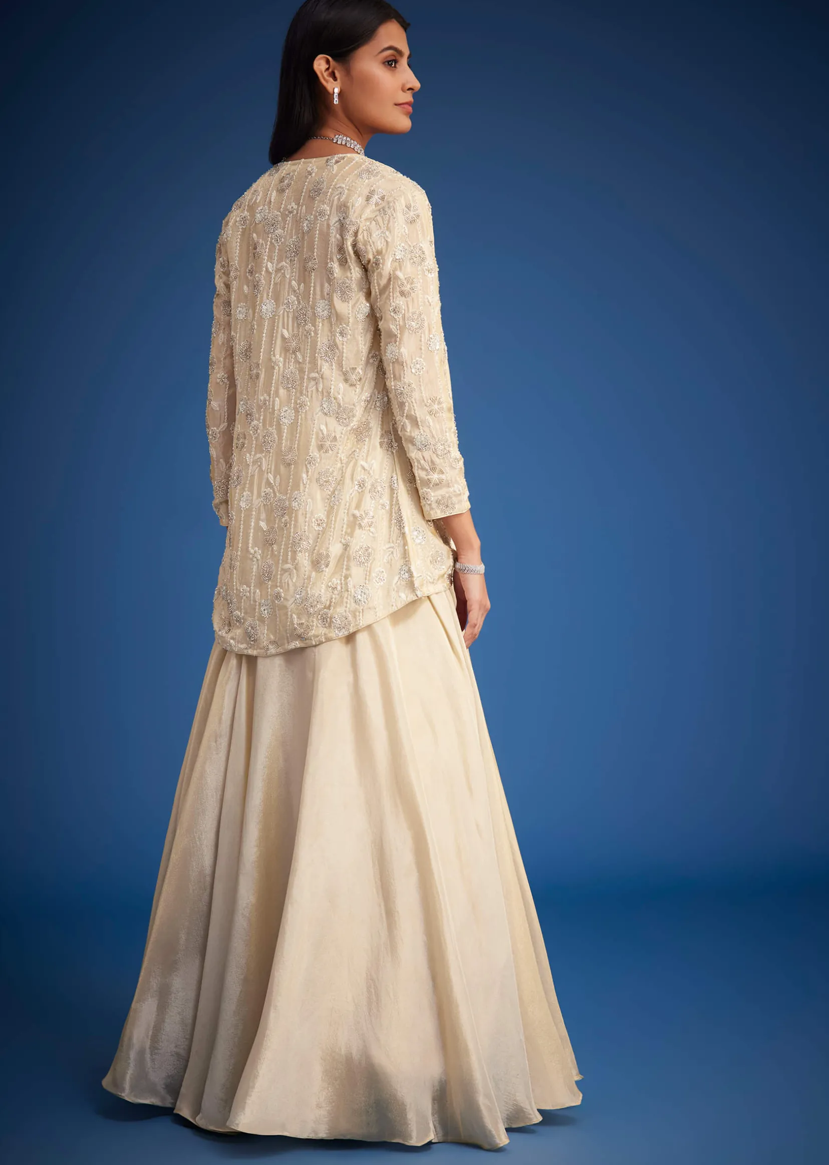 Cream Raw Silk Embroidered Jacket Lehenga Set
