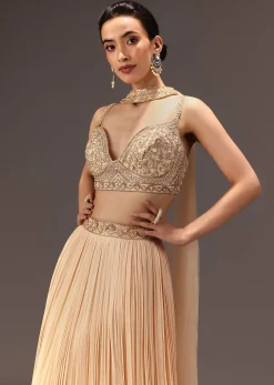 Cream Ruched Lehenga Set With Hand Embroidery