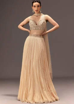 Cream Ruched Lehenga Set With Hand Embroidery
