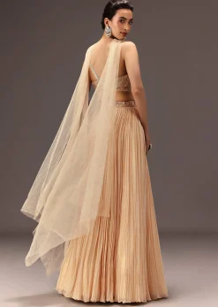 Cream Ruched Lehenga Set With Hand Embroidery