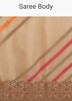 Cream Saree In Dola Silk With Multi Colored Woven Diagonal Stripes And Floral Border