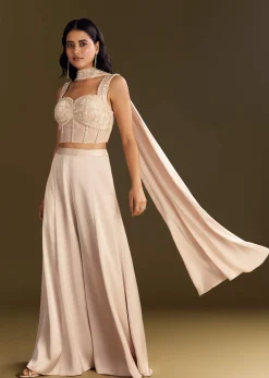 Cream Satin Bustier Palazzo Suit With Choker Dupatta
