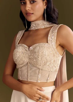 Cream Satin Bustier Palazzo Suit With Choker Dupatta