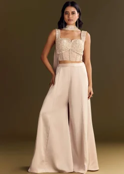 Cream Satin Bustier Palazzo Suit With Choker Dupatta