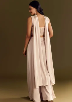 Cream Satin Bustier Palazzo Suit With Choker Dupatta